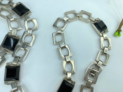 Huffy MEXICO 1970 Taxco Modernist Geometric Necklace 925 Sterling Onyx 37"JR828
