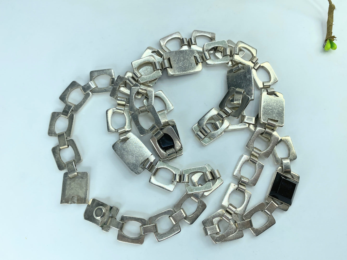 Huffy MEXICO 1970 Taxco Modernist Geometric Necklace 925 Sterling Onyx 37"JR828