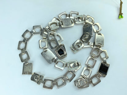 Huffy MEXICO 1970 Taxco Modernist Geometric Necklace 925 Sterling Onyx 37"JR828