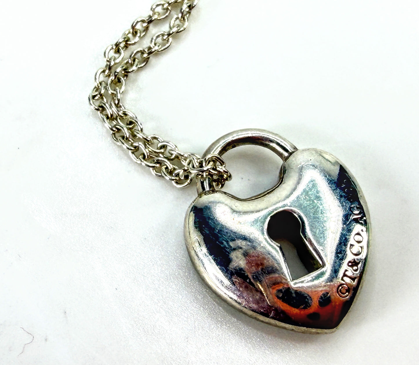 Tiffany & Co. Sterling Silver Blue Enamel Heart Lock Necklace 2.0g 16" JR2046