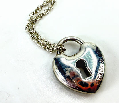 Tiffany & Co. Sterling Silver Blue Enamel Heart Lock Necklace 2.0g 16" JR2046