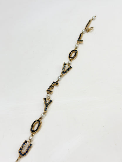 Vintage 14K Gold Sapphire Pearl I-LOVE-YOU Link Bracelet 7.5" 9.7g
