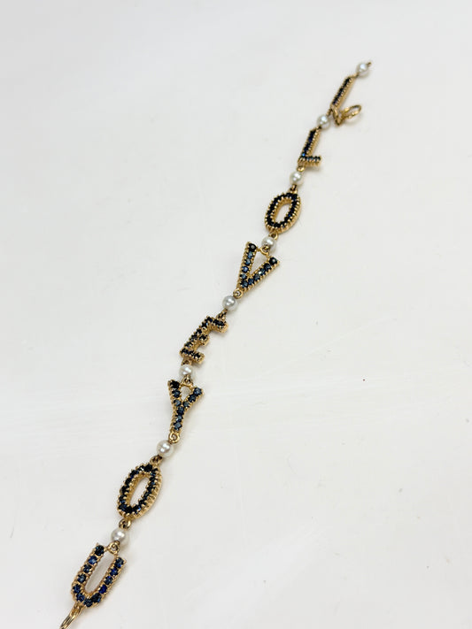 Vintage 14K Gold Sapphire Pearl I-LOVE-YOU Link Bracelet 7.5" 9.7g