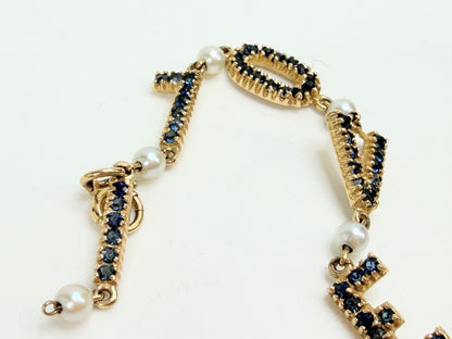 Vintage 14K Gold Sapphire Pearl I-LOVE-YOU Link Bracelet 7.5" 9.7g