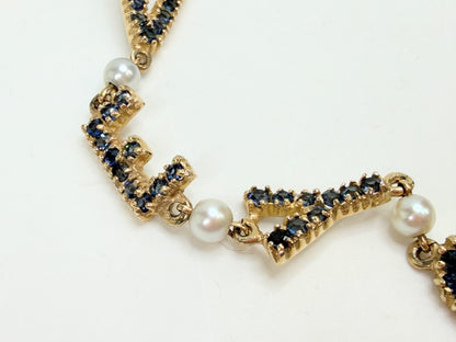 Vintage 14K Gold Sapphire Pearl I-LOVE-YOU Link Bracelet 7.5" 9.7g