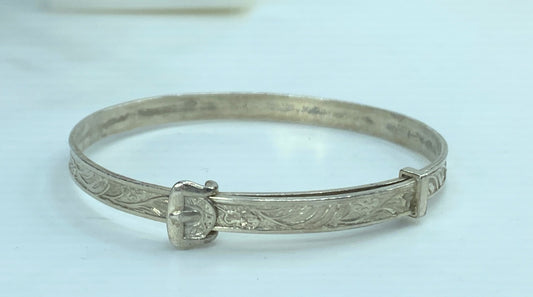 Art Deco Sterling Silver 4.5mm Floral expandable children bangle 5" 6.1g JR830