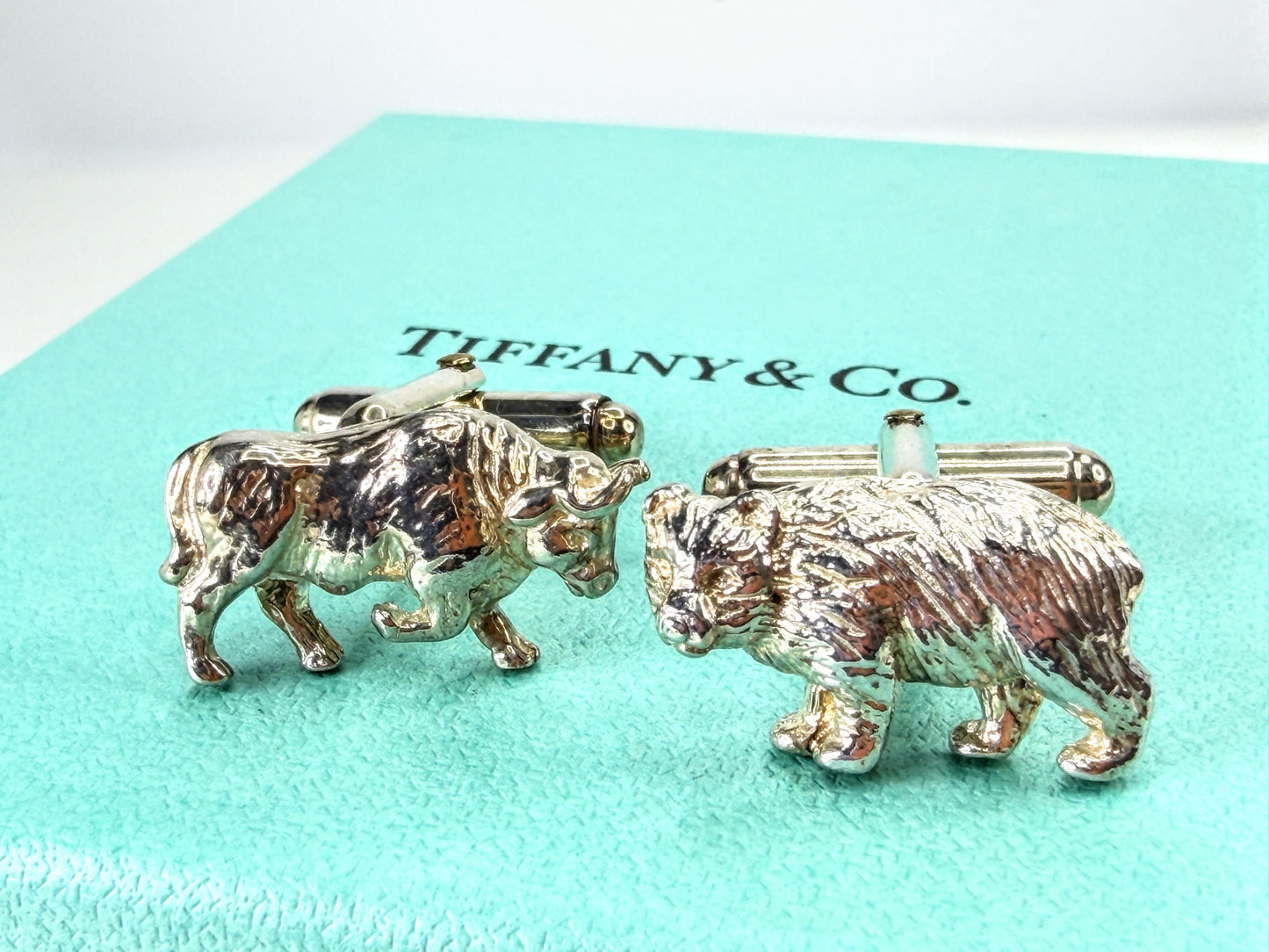 Tiffany & Co. Figural Bear and Bull Sterling Silver Cufflinks 9.2g SS482