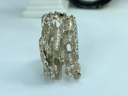 Solid Sterling Silver Brutality 1.5" Modernist Wood bark ring 22g s6.25 JR832