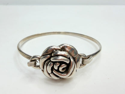 Vintage Sterling Silver Sculpted Rose Floral Hook Bangle Bracelet 925 JR1320