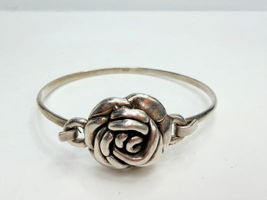 Vintage Sterling Silver Sculpted Rose Floral Hook Bangle Bracelet 925 JR1320