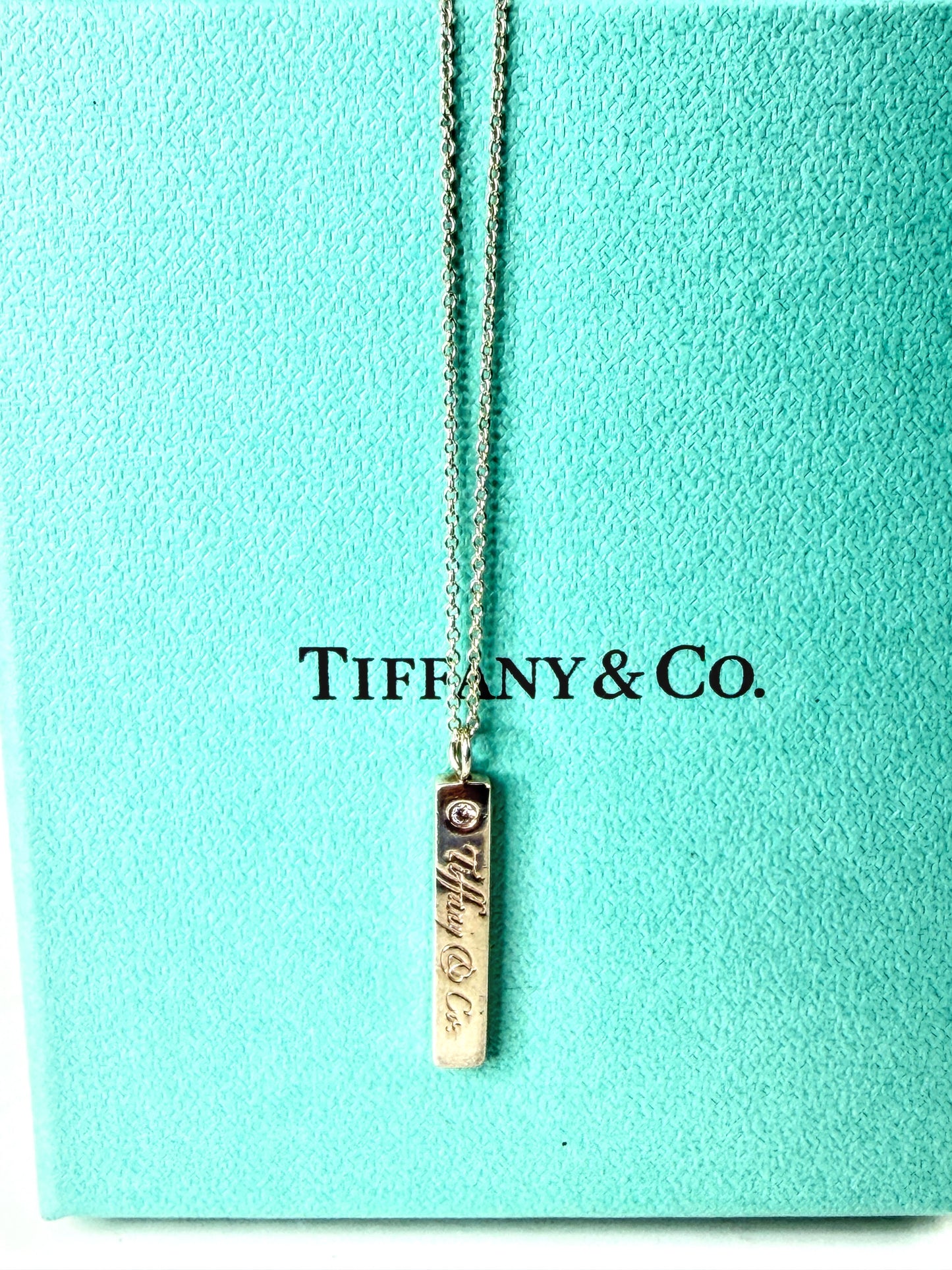 Rare Tiffany & Co Diamond Notes Bar Pendant Necklace Sterling Silver 16" JR2049