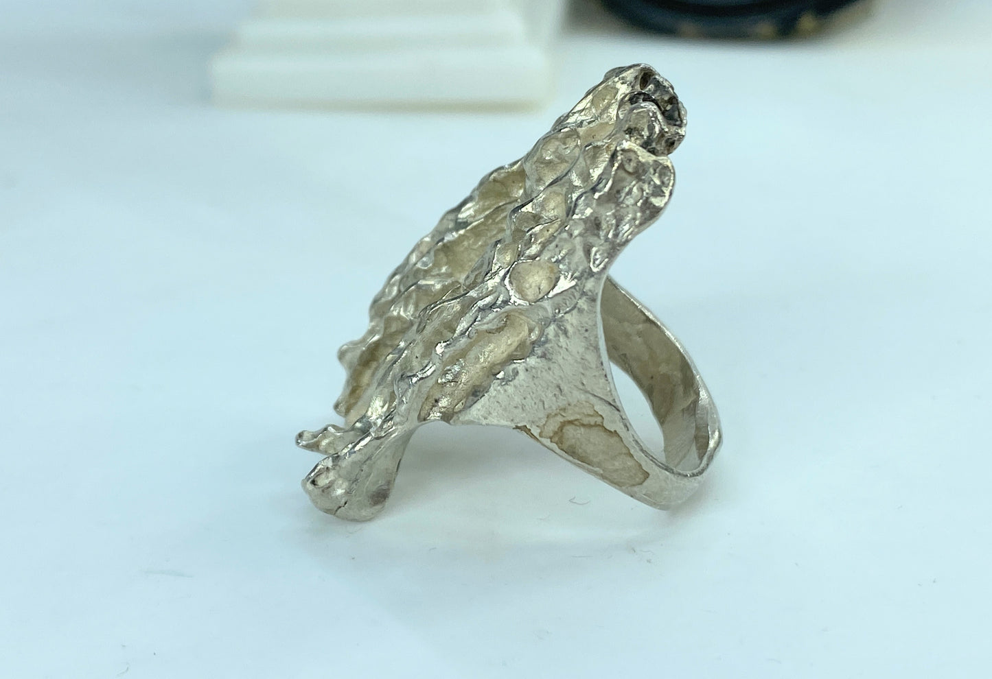 Solid Sterling Silver Brutality 1.5" Modernist Wood bark ring 22g s6.25 JR832