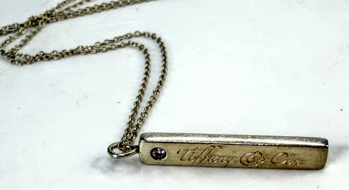 Rare Tiffany & Co Diamond Notes Bar Pendant Necklace Sterling Silver 16" JR2049
