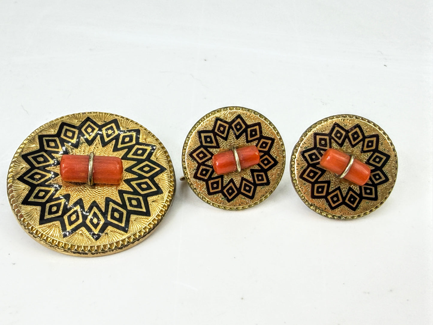 Victorian Mourning Black Enamel Coral Gold Filled Brooch Earrings Set JR2050