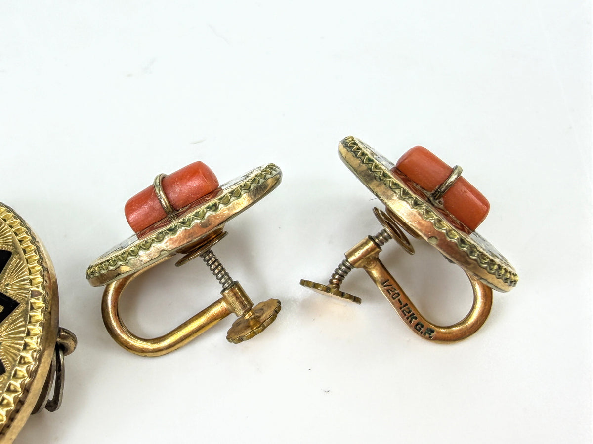 Victorian Mourning Black Enamel Coral Gold Filled Brooch Earrings Set JR2050