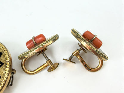 Victorian Mourning Black Enamel Coral Gold Filled Brooch Earrings Set JR2050