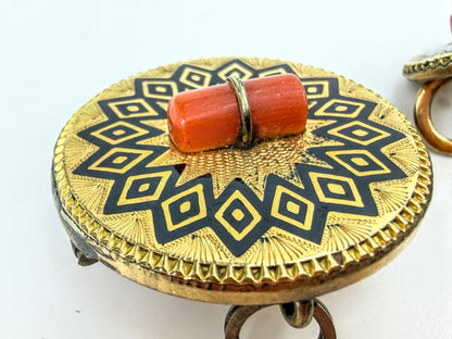 Victorian Mourning Black Enamel Coral Gold Filled Brooch Earrings Set JR2050