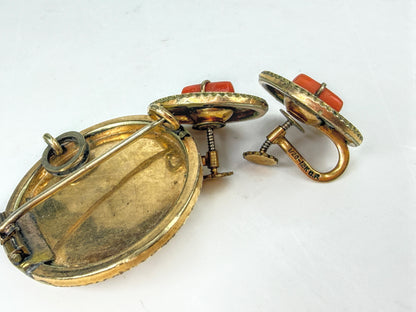 Victorian Mourning Black Enamel Coral Gold Filled Brooch Earrings Set JR2050