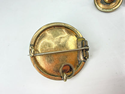Victorian Mourning Black Enamel Coral Gold Filled Brooch Earrings Set JR2050