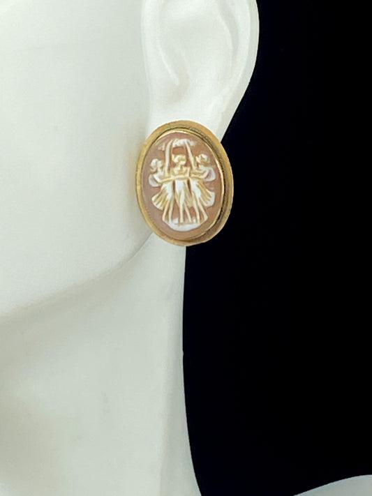 Three Graces hand carved Cameo 14K gold stud earrings