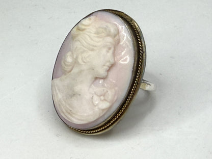 Vintage Mid-Century Shell Cameo Sterling Silver Statement Ring JR1323