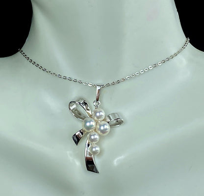 Mikimoto Five Akoya Pearls Ribbon bow Sterling pendant necklace