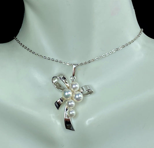 Mikimoto Five Akoya Pearls Ribbon bow Sterling pendant necklace