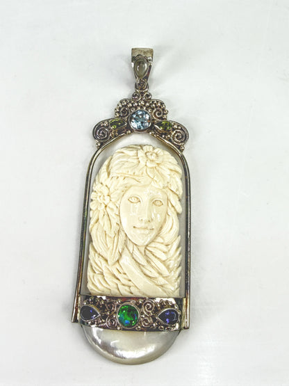 Vintage Sajen Sterling Carved Goddess multiple gems Pendant 31.9g 4" JR2052