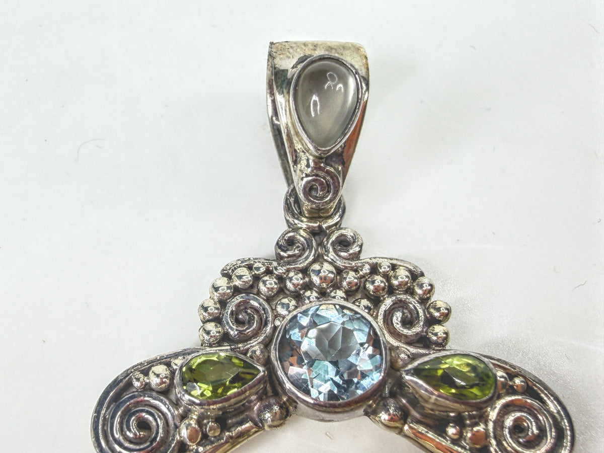 Vintage Sajen Sterling Carved Goddess multiple gems Pendant 31.9g 4" JR2052