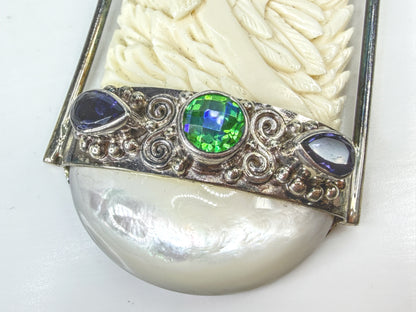 Vintage Sajen Sterling Carved Goddess multiple gems Pendant 31.9g 4" JR2052