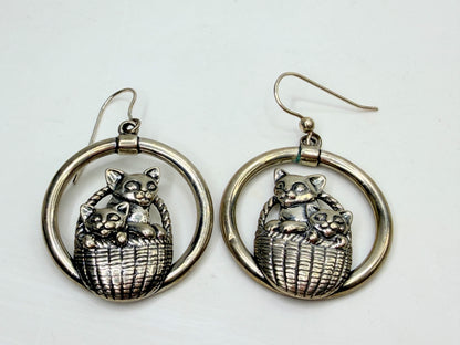 Signed Adorable Sterling Silver bundle Cat Basket Hoop Earrings JR1326
