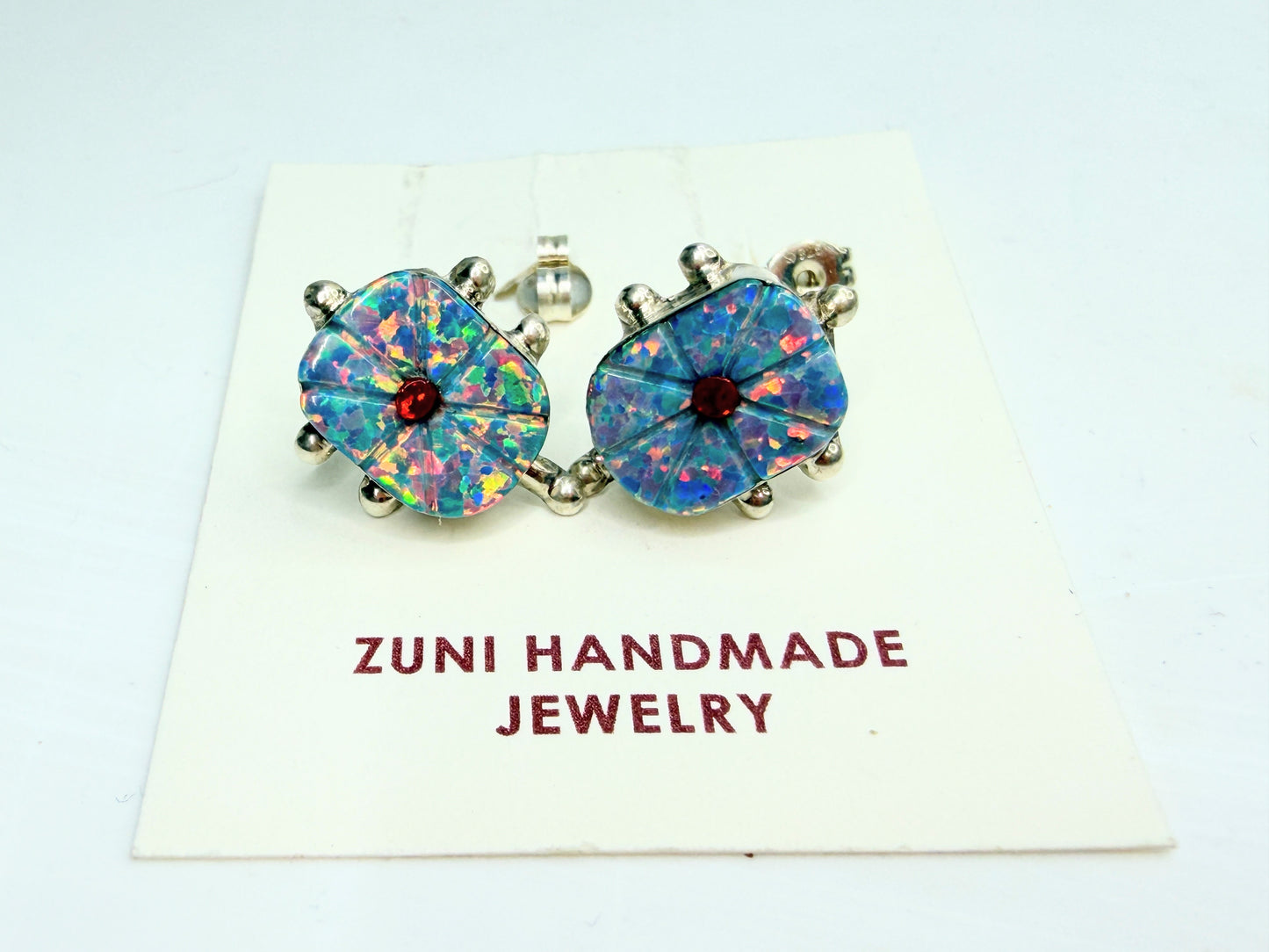 Vintage Zuni Handmade Sterling 925 Sarah Bowanine Zuni Opal Post Earrings JR1827
