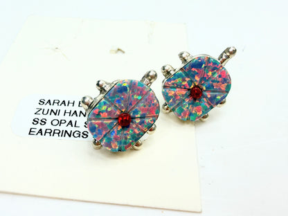 Vintage Zuni Handmade Sterling 925 Sarah Bowanine Zuni Opal Post Earrings JR1827