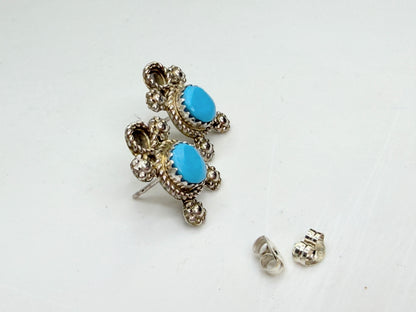 Vintage Zuni Handmade Sterling Silver Kingman Turquoise Earrings JR1330