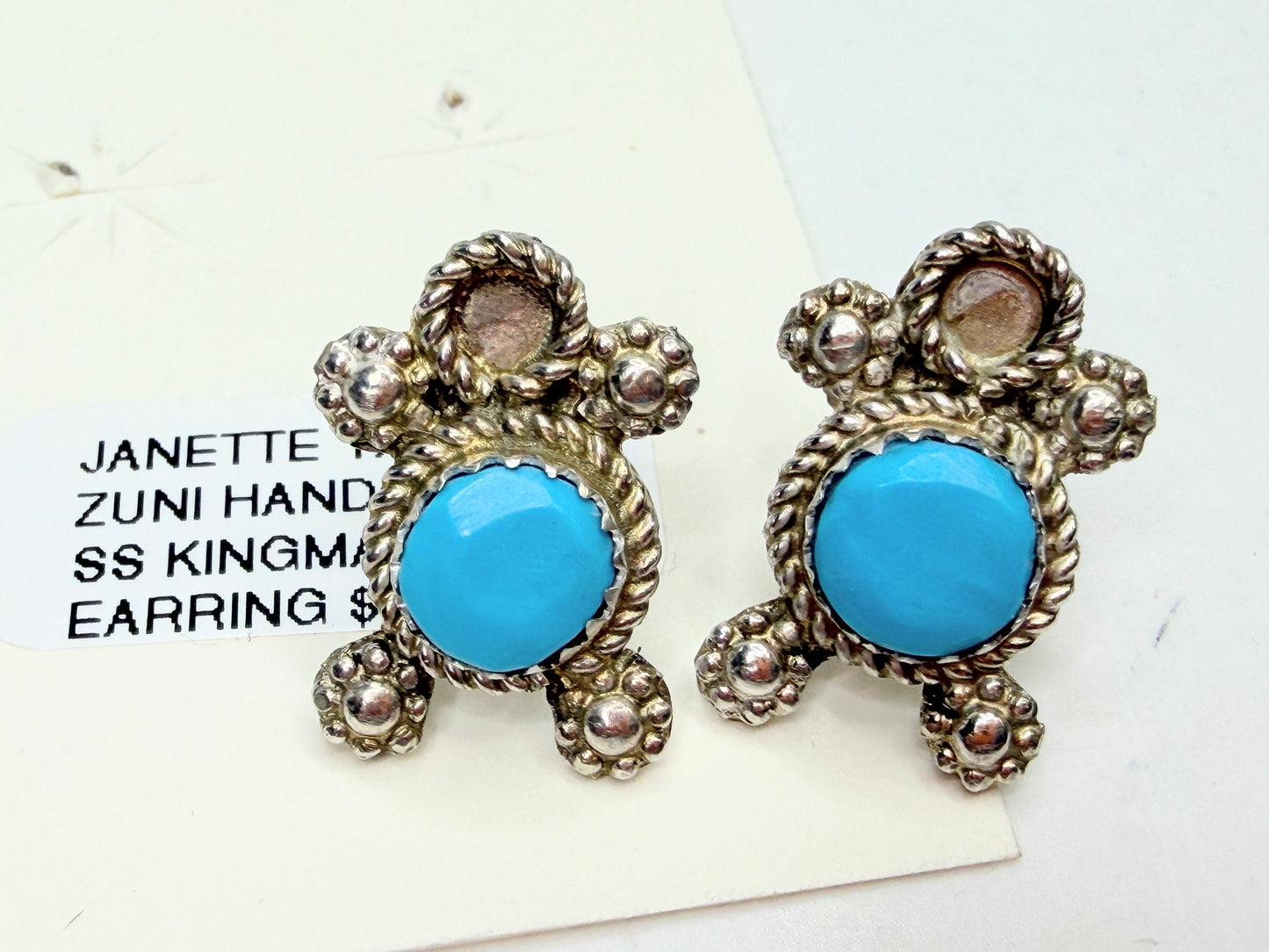 Vintage Zuni Handmade Sterling Silver Kingman Turquoise Earrings JR1330