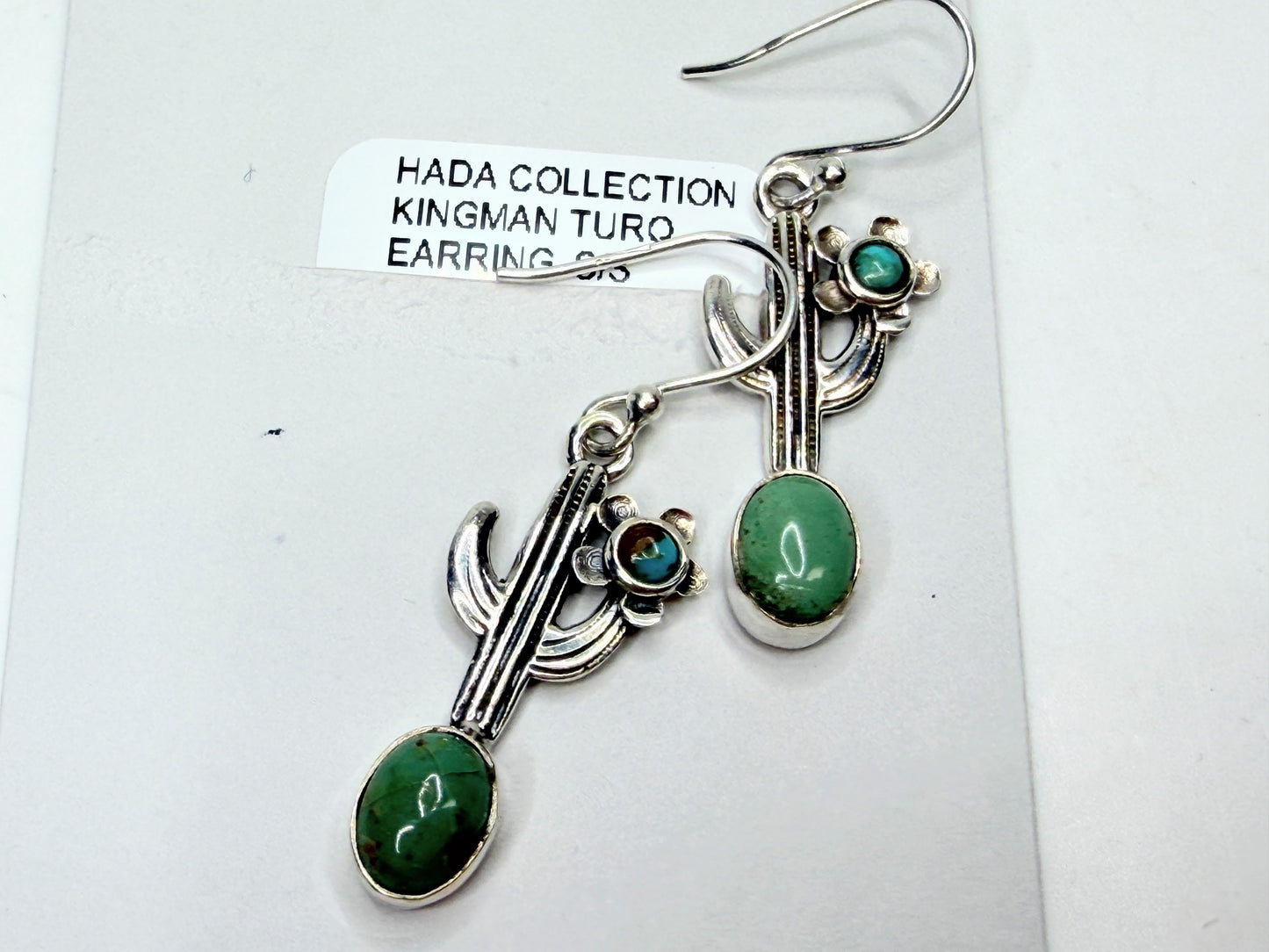 Vintage Hada Collection Kingman Turquoise Sterling Cactus Dangle Earrings JR1331