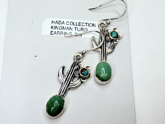 Vintage Hada Collection Kingman Turquoise Sterling Cactus Dangle Earrings JR1331