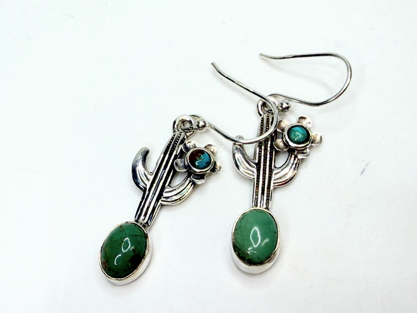 Vintage Hada Collection Kingman Turquoise Sterling Cactus Dangle Earrings JR1331