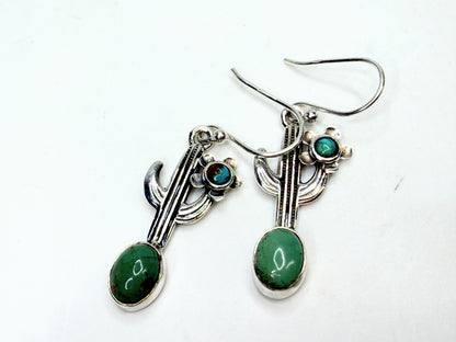 Vintage Hada Collection Kingman Turquoise Sterling Cactus Dangle Earrings JR1331