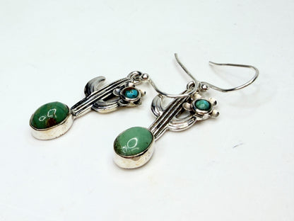 Vintage Hada Collection Kingman Turquoise Sterling Cactus Dangle Earrings JR1331