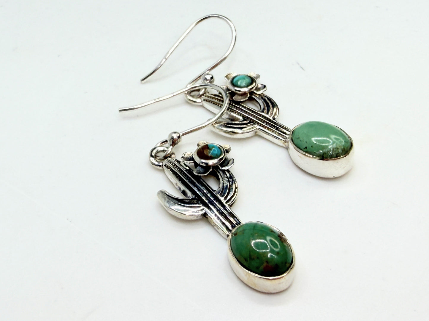 Vintage Hada Collection Kingman Turquoise Sterling Cactus Dangle Earrings JR1331