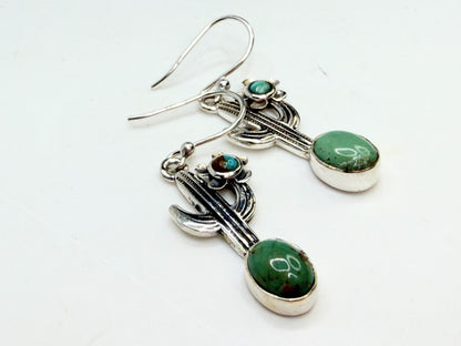 Vintage Hada Collection Kingman Turquoise Sterling Cactus Dangle Earrings JR1331