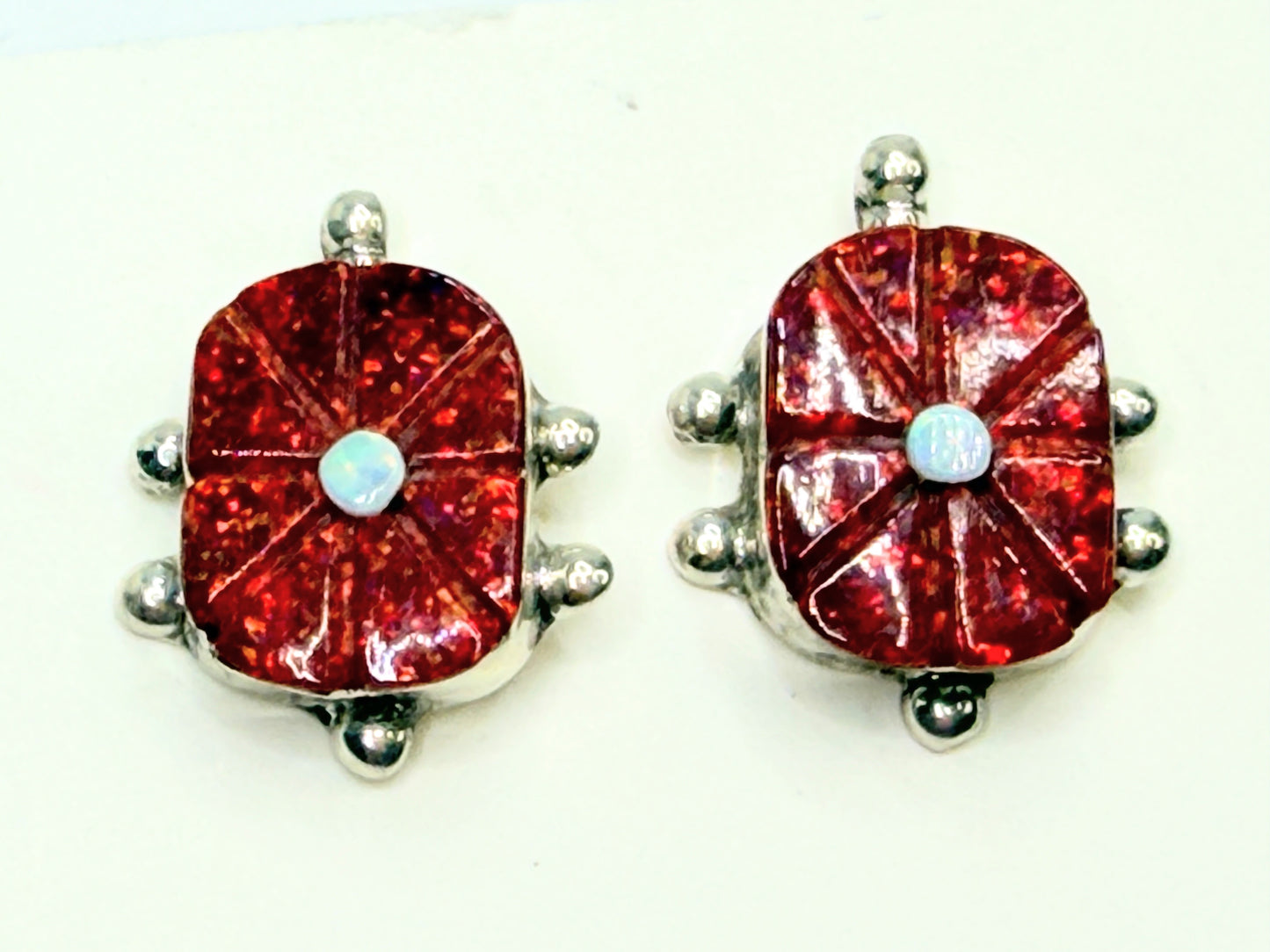 Zuni Sarah Bowannie Sterling Opal inlaid stone new old stock earrings JR1333