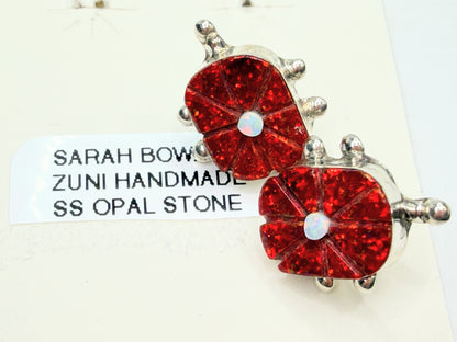 Zuni Sarah Bowannie Sterling Opal inlaid stone new old stock earrings JR1333