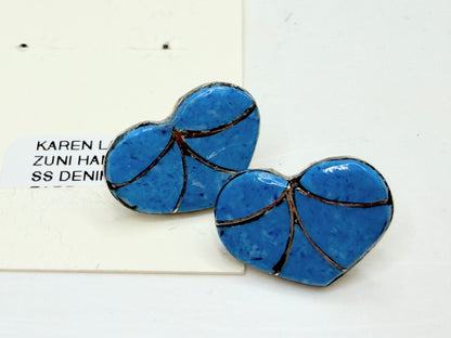 Zuni artist Karen Lalio Denim Lapis Heart Inlay Sterling Earrings New JR1334