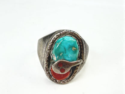 Effie Calavaza Zuni Sterling Turquoise Coral Snake Ring 10.5  7.9g JR2062