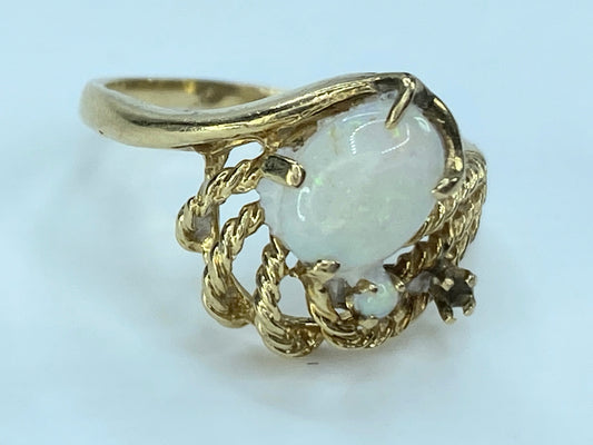 14K yellow gold Oval Opal cabochons rope link ring s6.5 2.8g JR9121