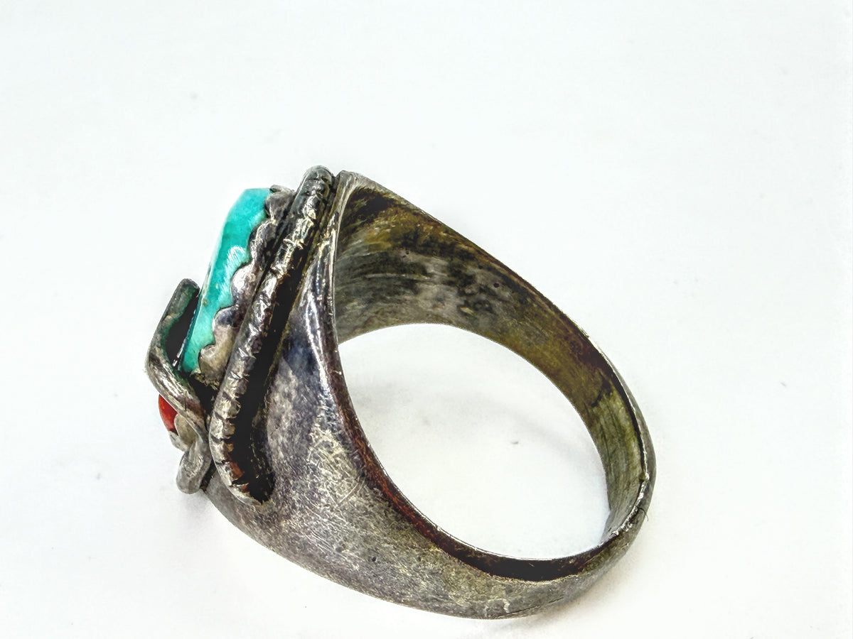Effie Calavaza Zuni Sterling Turquoise Coral Snake Ring 10.5  7.9g JR2062