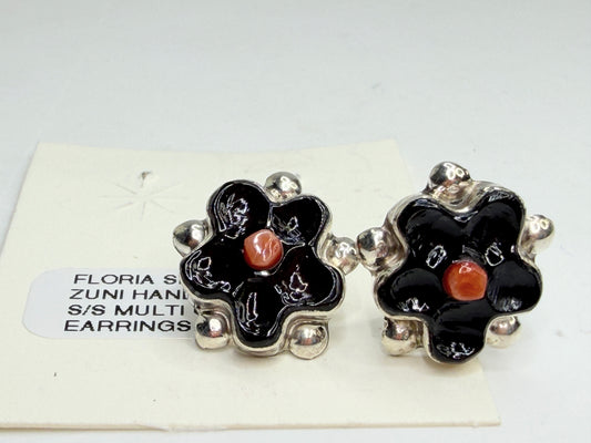 Zuni Floria Shebala Sterling Enamel Floral Coral new Stud Earrings JR1335