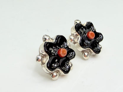 Zuni Floria Shebala Sterling Enamel Floral Coral new Stud Earrings JR1335